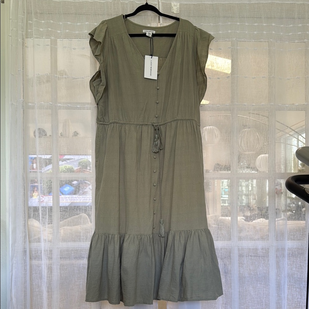 Lucky Brand Green Flutter Sleeve Tiered Midi Dress